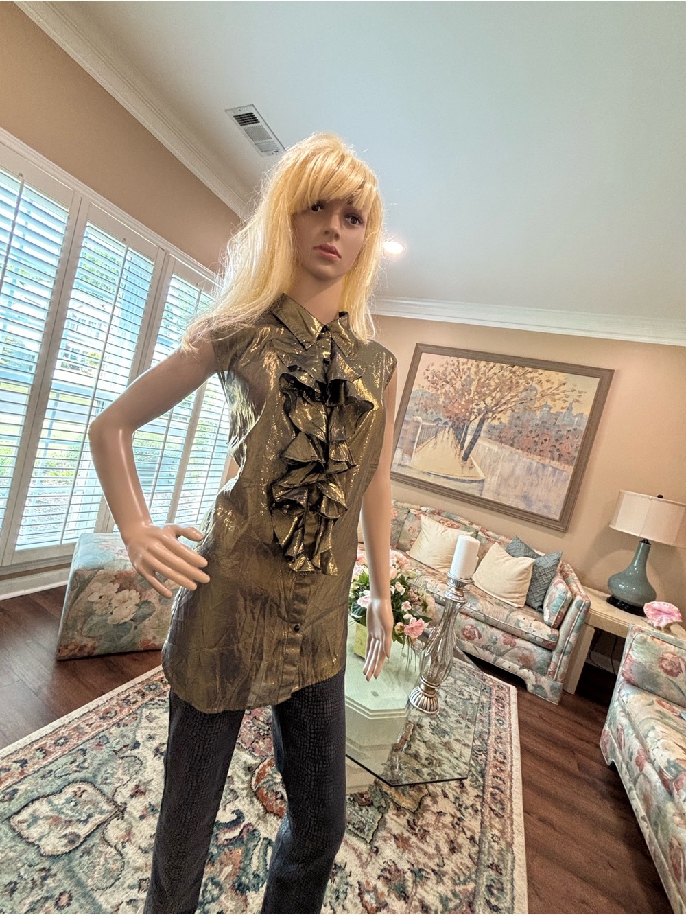 Ralph Lauren Metallic Olive Ruffle-Front Sleeveless Blouse